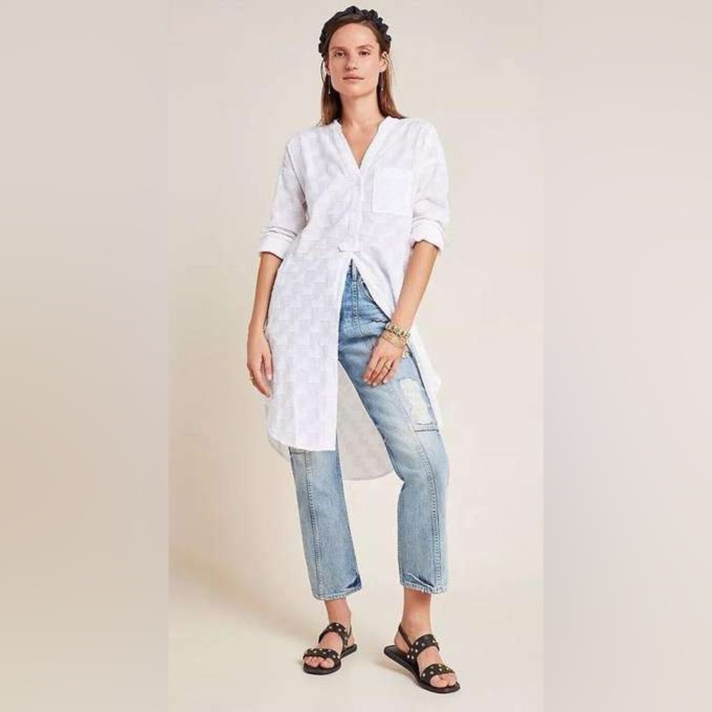 Anthropologie Maeve Roberta‎ Textured Henley Tunic White Checkered High Low